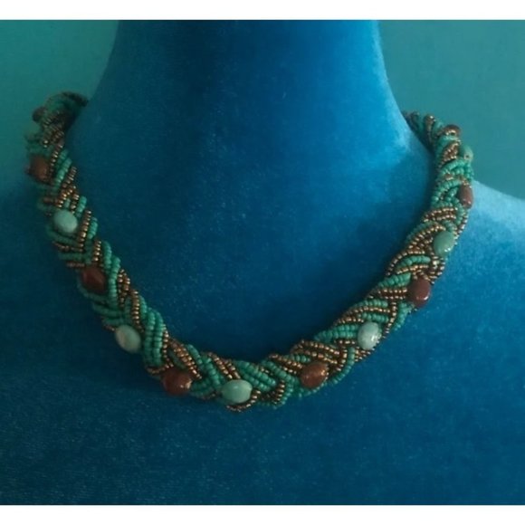 Turquoise Glass Bead Braided Necklace -- 18" - Picture 1 of 10